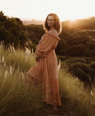 Hazel & Folk Emmaline Maxi Gown - Toasted Peach - One Size Hire - Vintage Style - Light Rust Color - 100% Cotton - Nude Strapless Slip Recommended