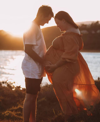 Maternity Dress Hire - Hazel & Folk Emmaline Maxi Gown - Toasted Peach - Billow Sleeves - Elastic Neckline - Light Rust Color
