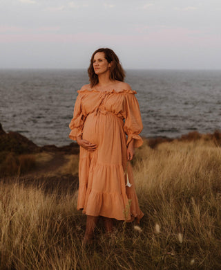 Hazel & Folk Emmaline Maxi Gown - Toasted Peach - Vintage Style - Off the Shoulder Maternity Dress Hire