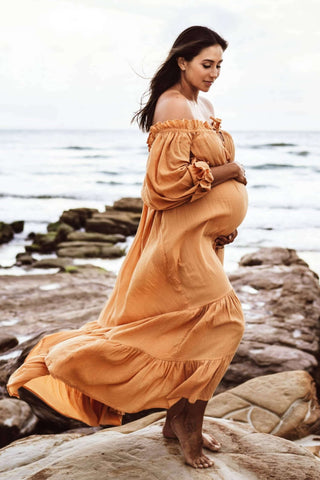 Rent Hazel & Folk Emmaline Maxi Gown - Toasted Peach - Vintage Style - Off the Shoulder - Removable Waist Tie - 100% Cotton