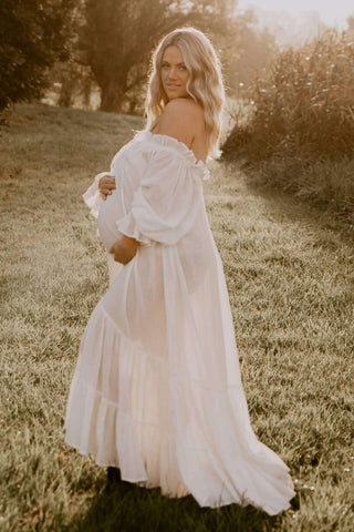 Maternity Dress Hire - Hazel & Folk Emmaline Maxi Gown - White - Vintage Inspired - Ruffle Tiered Skirt - Billow Sleeves - Elastic Cuffs