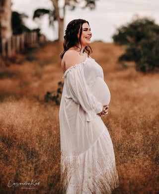 Maternity Dress Hire with Elastic Neckline making it a Breastfeeding friendly dress - Hazel & Folk Emmaline Maxi Gown - White
