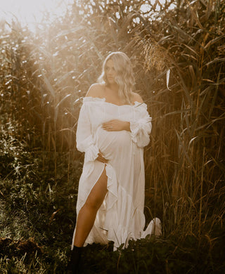 Maternity Dress Hire - Hazel & Folk Emmaline Maxi Gown - White Colour - Full Ruffle Tiered Skirt - Elastic Cuffs - 100% Cotton