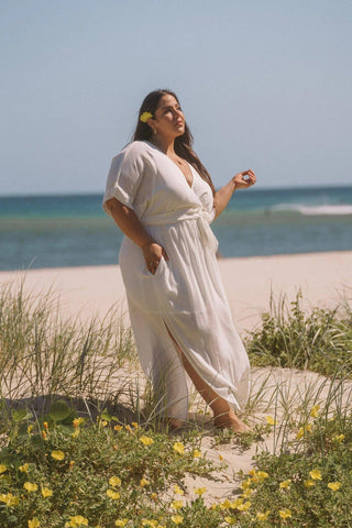 Hazel & Folk Melody Maxi - White: Size L Maternity Dress Hire - Size XL Maternity Dress Hire - White Baby Shower Dress Hire Australia - Gender Neutral Baby Shower Dress Australia - Plunge V Neckline Maternity Dress Hire - Dolman Style Sleeves Maternity Dress Australia - Maternity Dress Hire with Side Splits - Fully Lined Maternity Dress Hire - Elastic Waist Maternity Dress Hire - Maternity and Beyond Dresses Australia - Bump Friendly Dresses Australia - Breastfeeding Friendly Dress Australia