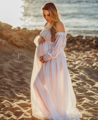 Sheer Dotted Tulle Maternity Dress Hire - Isadora Tulle Maternity Maxi Gown with Nude Lining