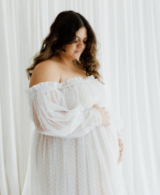 Elasticated Neckline and Waist Plus Size Maternity Dress Hire - Isadora Tulle Maternity Maxi Gown with Nude Lining