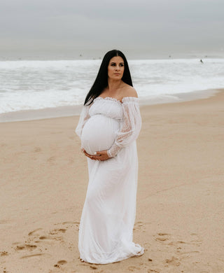 Beautiful Pearl Button Details Maternity Dress Hire - Isadora Tulle Maternity Maxi Gown with White Lining