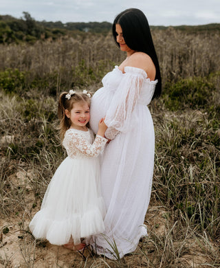Chic Maternity Dress Hire Photoshoot - Isadora Tulle Maternity Maxi Gown with White Lining