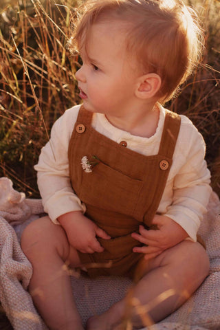 Bronze color outfit for boys Australia: Jamie Kay Hugo Overall for family photoshoots - Boy Outfits For Hire
