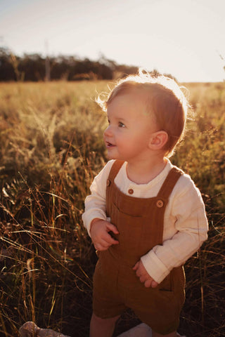 Organic cotton muslin: Jamie Kay Hugo Overall - Bronze - Boy Outfits For Hire Australia