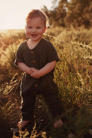 Juniper-Coloured Boy Outfit Australia - Organic cotton muslin comfort boy outfits for hire Australia: Jamie Kay Ryan Onepiece - Boy Outfits For Hire - Boy Outfits For Photoshoots
