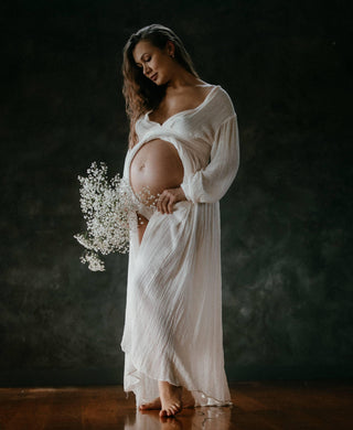 Plunging Neckline with High Side Splits Ivory Maternity Dress Hire - Jen's Pirate Booty Lapis Dress - Ivory