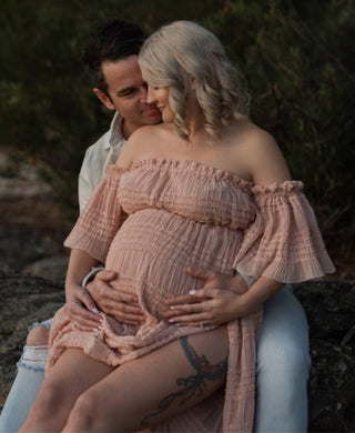 Elasticated Flowy Skirt with High Split Maternity Dress Hire for Photoshoot - La Rosa Tulle Maxi Two Piece Set - Old Rose