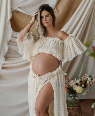 Flaunt Your Baby Bump Maternity Dress Hire - La Rosa Tulle Maxi Two Piece Set - Vanilla