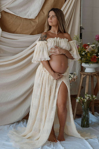 High Side Splits Maternity Dress Hire - La Rosa Tulle Maxi Two Piece Set - Vanilla