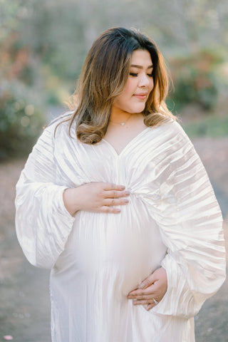 Luxurious Pleated Polyester Gown - L’idée De Luxe Gown - Metallic White - Red Carpet Maternity Dress For Hire - Event-Ready Maternity Gown - Glamorous Maternity Dress Hire