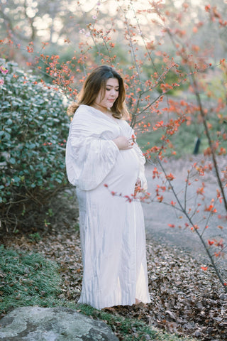 Signature Crinkle Texture Gown - L’idée De Luxe Gown - Metallic White - Red Carpet Maternity Dress For Hire