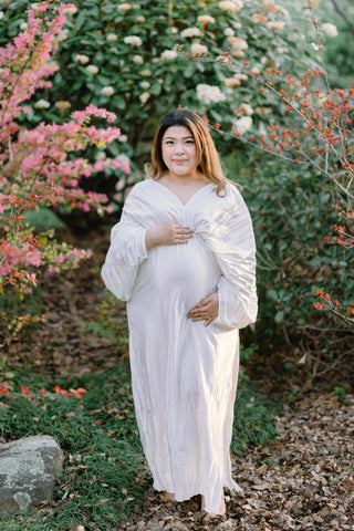 Size L Maternity Dress Hire - L’idée De Luxe Gown - Metallic White - Size L Red Carpet Maternity Dress For Hire