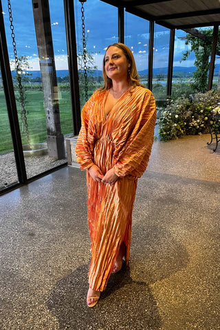 Chic Deep V-Neck Maternity Dress Hire - L’idée De Luxe Gown - Sunset - Red Carpet Maternity Dresses For Hire - Event Ready Glam Gown - Maternity and beyond gowns