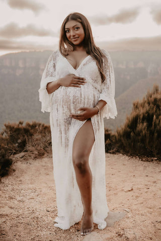 V-Neckline with High Side Split Maternity Dress Hire: Lola Ivory Lace Maternity Maxi Dress