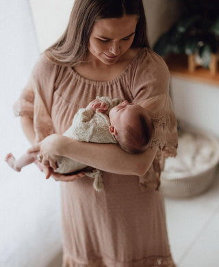 Size M Family Photoshoot Dress Hire - Embrace Comfort and Style with Lorraine Mocha Lace Maxi Dress