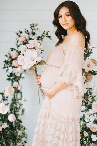 Lorraine Mocha Lace Maxi Dress - Generous Sizing for Your Growing Bump Maternity Dress Hire