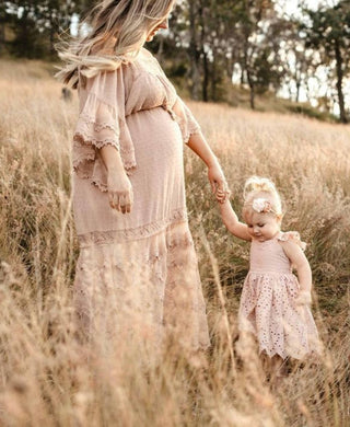 Bump-Friendly Off-the-Shoulder Maternity Dress Hire - Lorraine Mocha Lace Maxi Dress