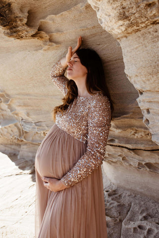 Maya Maternity Long Sleeve Tulle Maxi With Sequins: Glamour Maternity Dress Hire - Maternity and Beyond Maternity Dress Hire