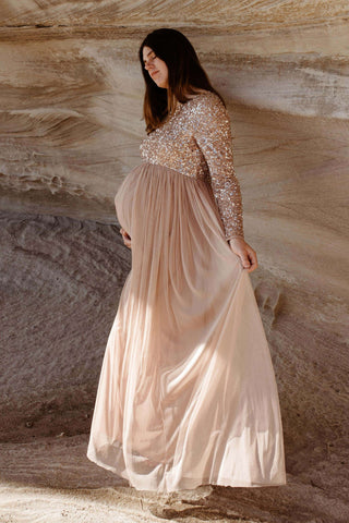 Maya Maternity Long Sleeve Tulle Maxi With Sequins: Long Sleeves Maternity Dress Hire - Bump Friendly Maternity Dress Hire