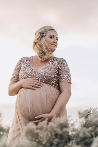 Maya Maternity Short Sleeve Tulle Maxi With Sequins: Sequin- embellished Top Maternity Dress Hire
