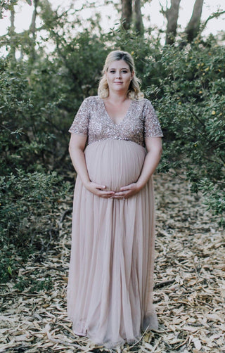 Maya Maternity Short Sleeve Tulle Maxi With Sequins: Tulle Maternity Dress Hire - Empire Waistline Dress Australia