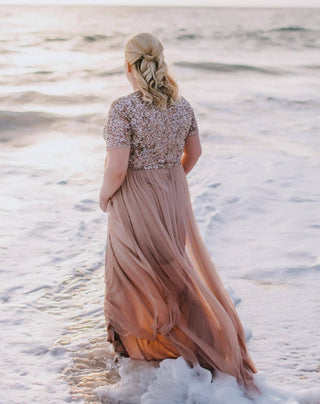 Maya Maternity Short Sleeve Tulle Maxi With Sequins: Maternity Dress Hire for Photoshoots - Baby Shower Dress Australia - Maternity Outfit for Special Occasions