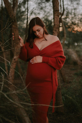 Petal and Pup Bambina Knit Midi Dress - Rust - Wide Long Sleeves Maternity Dress Hire