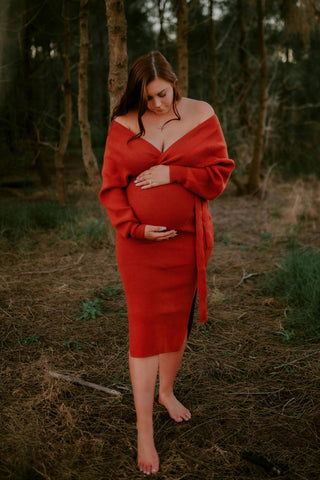 Petal and Pup Bambina Knit Midi Dress - Rust - V plunge back Maternity Dress Hire