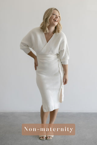 Petal and Pup Bambina Knit Midi Dress - White - Wide Long Sleeves Maternity Dress Hire