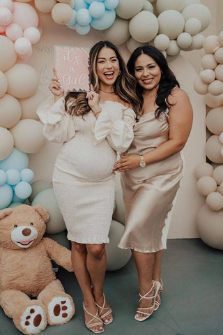 Petal and Pup Leona Midi Dress - Apricot - Off the shoulder Maternity Dress Hire - Shirred Body Photoshoot Dress