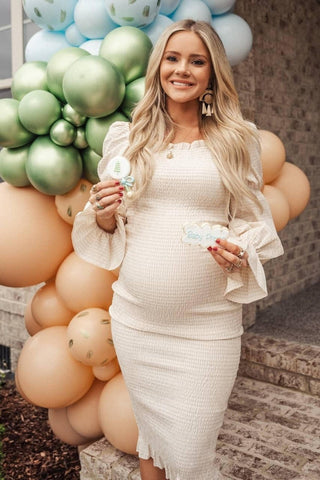 Petal and Pup Leona Midi Dress - Apricot - Off the shoulder Maternity Dress Hire - Maternity and Beyond Dress Hire - Gingham Print Maternity Photoshoot Dress - Gingham Print Baby Shower Dress Australia