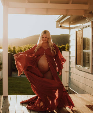 Open Front Maternity Dress Hire - Reclamation Ruffle Me Open Gown Rust for Rent, Linen Gauze