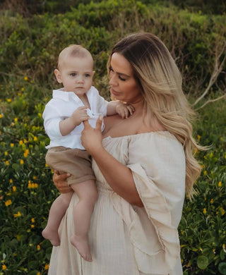 Family Photoshoot Dress Hire - We Are Reclamation Ruffle Me Open Gown - Beige with a slight pink tone, photographs beautifully, can be worn on/off the shoulder.