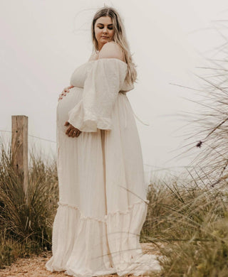 Maternity Dress Hire - Beige Open Gown - Made of linen gauze, one size fits Aus 8-22, elasticated waist and shoulder, ideal for plus-size ladies.