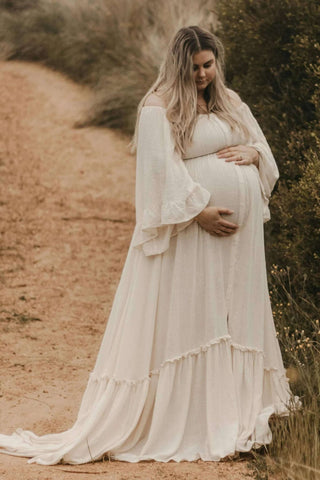 Maternity Dress Hire - Beige Open Gown - Made of linen gauze, one size fits Aus 8-22, elasticated waist and shoulder for a comfortable fit.