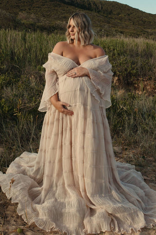 We Are Reclamation Wonderment and Awe Gown: Off the Shoulder Maternity Dress Hire - Light and Airy Maternity Photoshoot Dress