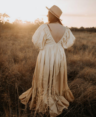 Plunging V-Neck and V-Back Maternity Dress Hire - Rooh Collective Birthday Gown - Sun Ombre