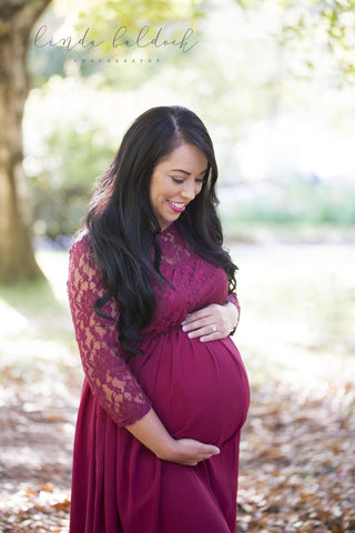 Elegant Lace Maternity Dress Hire - Scarlett Lace Maternity Maxi Dress - Burgundy