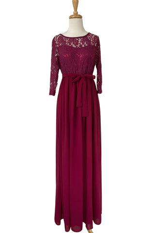 Warm and Stylish Three-Quarter Sleeve  Lace Maternity Gown - Scarlett Lace Maternity Maxi Dress - Burgundy - Maternity Dress Hire
