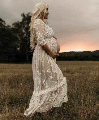 Romantic Maternity Photoshoot Cream Lace Robe  - Spell Chloe Duster - Maternity Dress Hire Australia