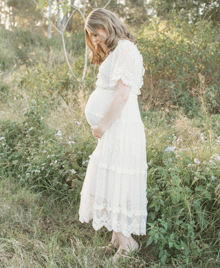 Flattering Elasticated Waist Maternity Dress Hire - Spell Dawn Lace Gown