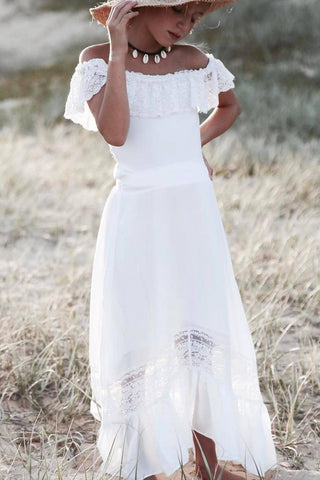 Flat Waistband and Elastic Back Dress - Tea Princess Dove Two Piece Set - Girl Dresses For Hire