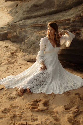 The Boho Shed Eloise Dress: Maternity Dress Hire - Lace adorned skirt Maternity Photoshoot Dress