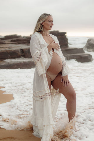 The Boho Shed Queen Kimono: Maternity Dress Hire - Elasticated Waistline with Tassel Tie Boho Maternity Photoshoot Kimono